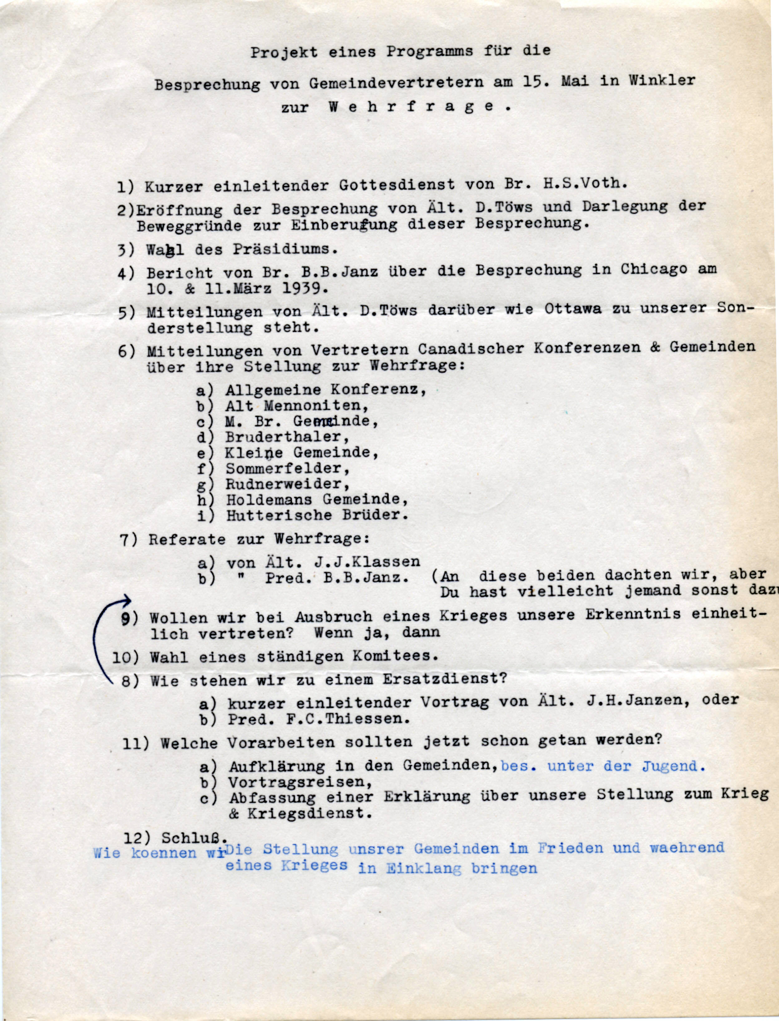Program for the meeting in Winkler 15 May 1939 in Canadian Mennonite Board of Colonization fonds MHC vol 1321 file 927